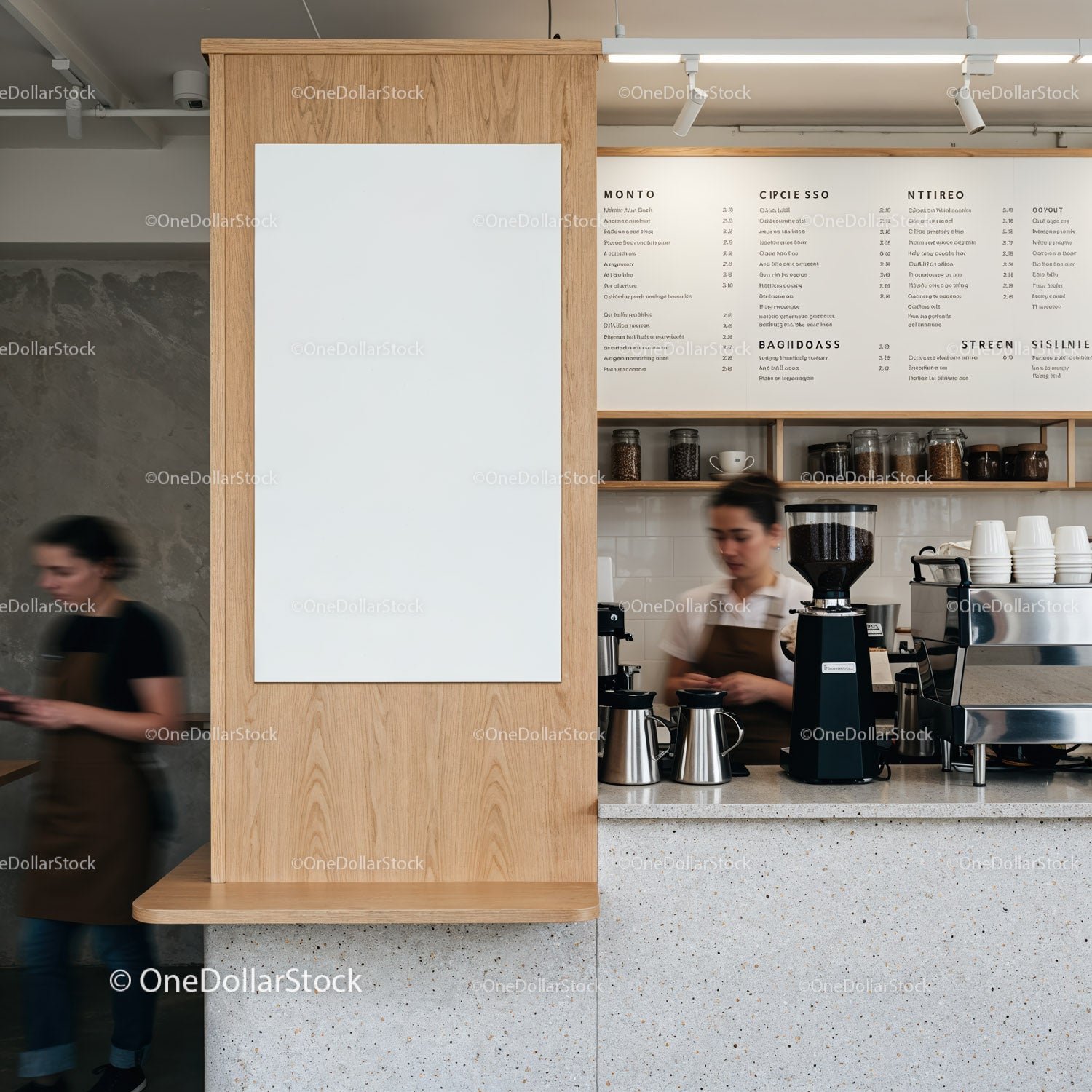 Modern coffee shop interior with busy baristas at work
