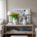 Elegant Living Room Sideboard Decor with Tulip Flowers and Art