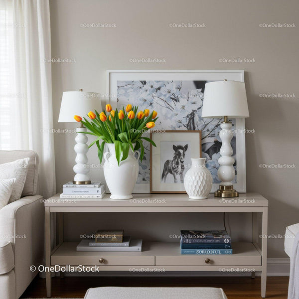 Elegant Living Room Sideboard Decor with Tulip Flowers and Art