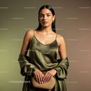 Elegant Woman in Satin Dress with Handbag Studio Fashion Portrait