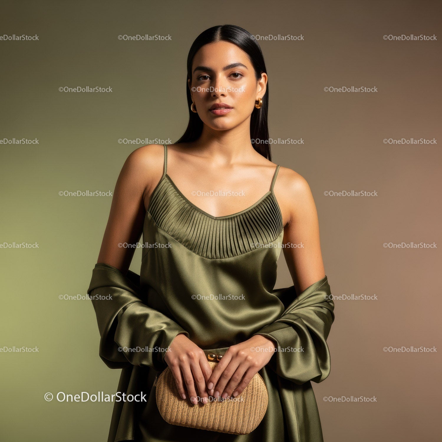 Elegant Woman in Satin Dress with Handbag Studio Fashion Portrait