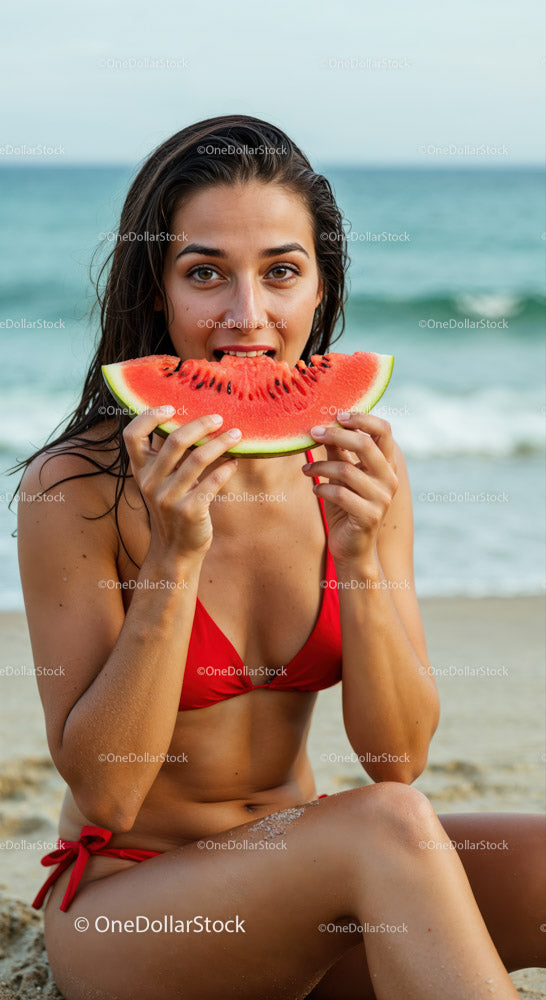 Young Woman Enjoying Watermelon on Beach During Summer Vacation