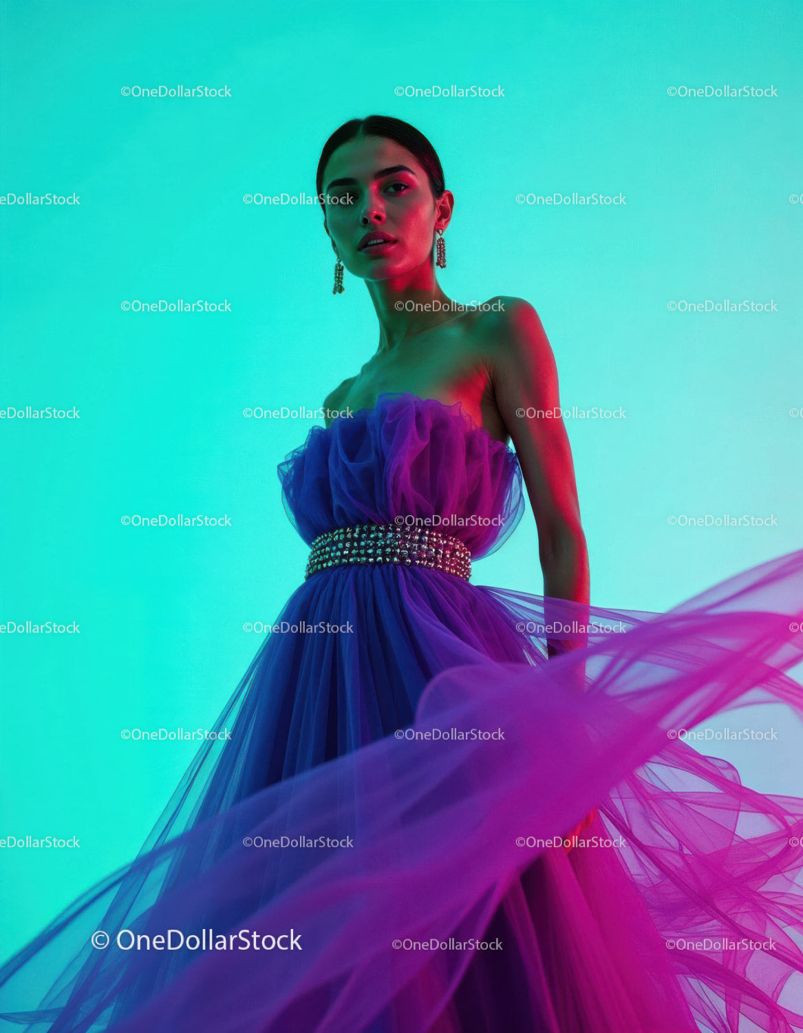 Elegant Woman in Colorful Tulle Gown with Statement Jewelry