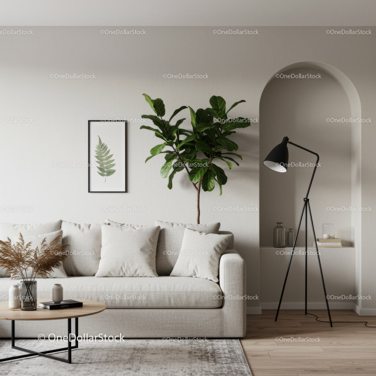 Minimalist living room with cozy beige sofa and greenery