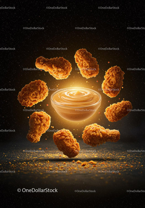 Fried Chicken Nuggets Surrounding Creamy Dipping Sauce Bowl