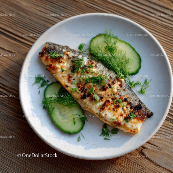 Grilled Sardine with Cucumber Slices and Fresh Herbs on White Plate