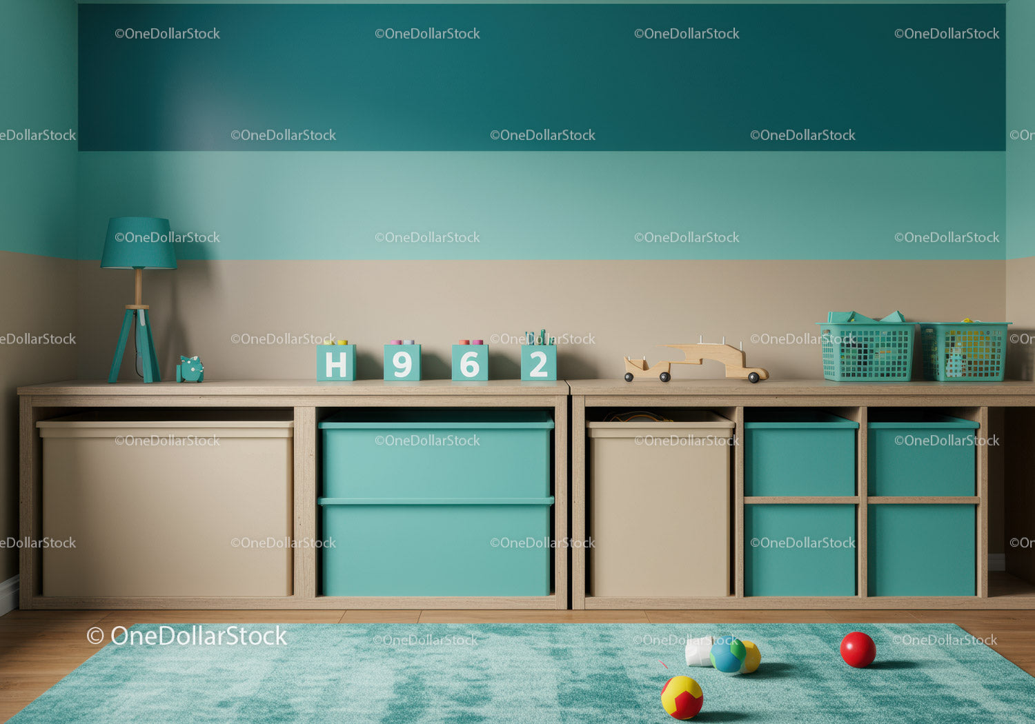 Children's Playroom with Toy Blocks and Wooden Shelves