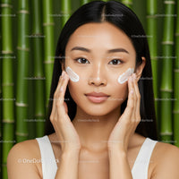 Young Asian Woman Applying Face Cream Against Green Bamboo Background