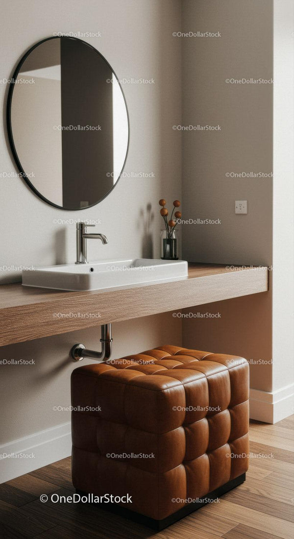 Stylish Modern Bathroom with Wooden Vanity Leather Ottoman and Oval Mirror