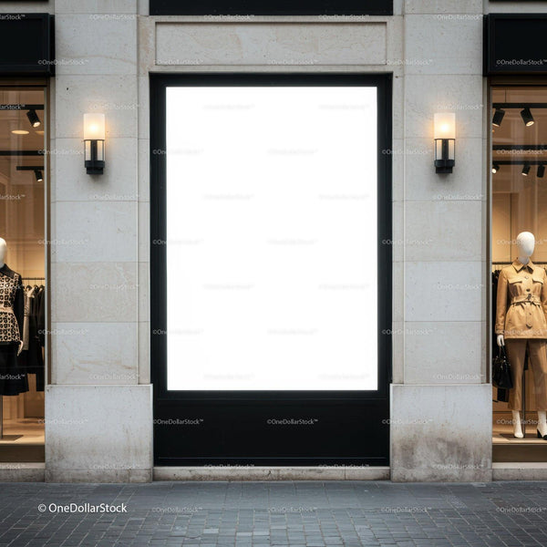Blank illuminated storefront display between fashion windows JPG Mockup Image