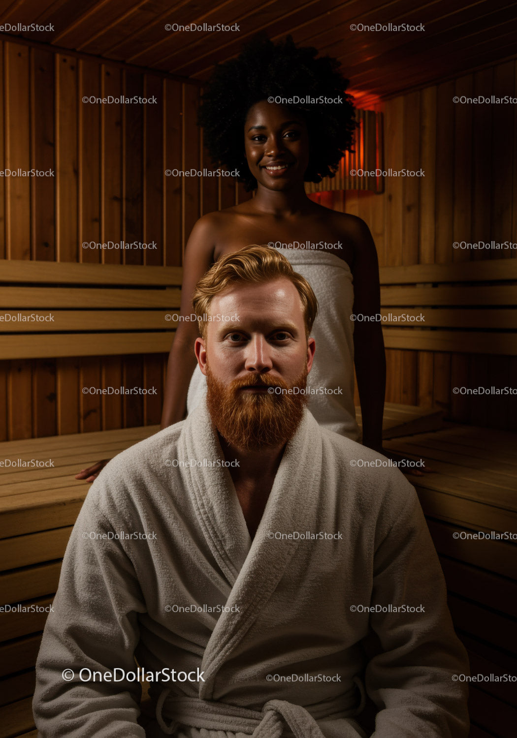 Relaxing Sauna Scene with Man and Woman in Wooden Wellness Room