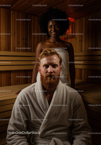 Relaxing Sauna Scene with Man and Woman in Wooden Wellness Room