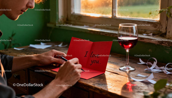 Man writing romantic love note by window at sunset