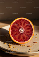Close up of fresh blood orange slice on ceramic plate