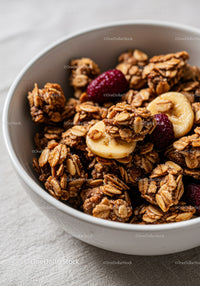 Crunchy granola with banana slices and berries in bowl