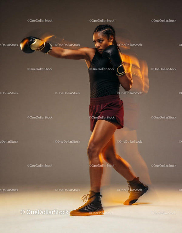 Focused female boxer throwing a powerful punch