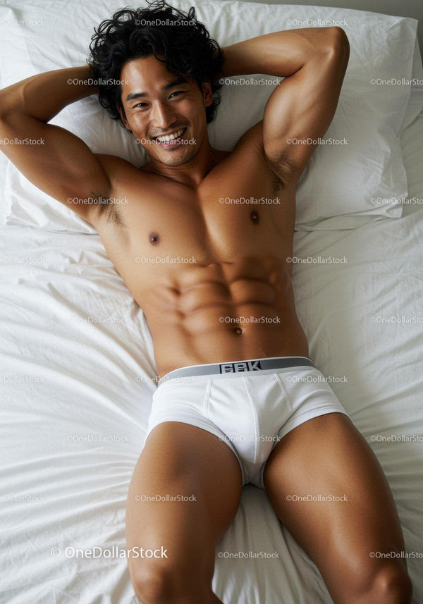 Smiling muscular man relaxing on bed in white underwear