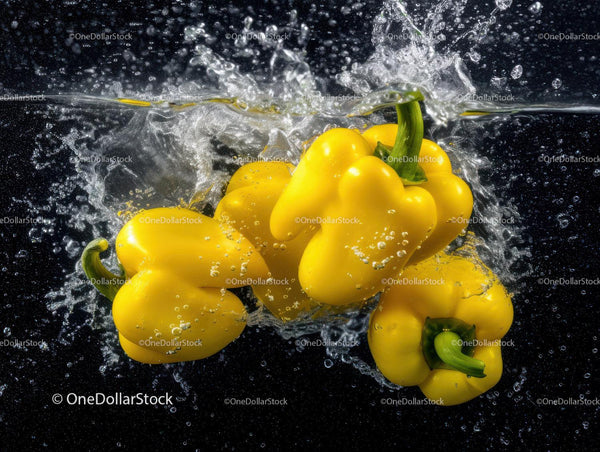 Vibrant Yellow Bell Peppers Splashing into Water