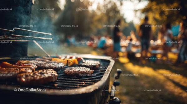 Grill na świeżym powietrzu z skwierczącym mięsem w słonecznym parku
