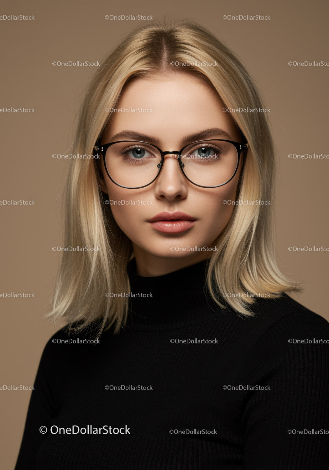 Elegancka blondynka w okularach na profesjonalnym portrecie studyjnym