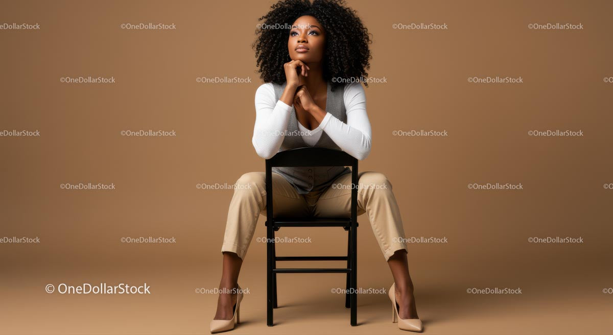 Fashionable Woman Sitting on Chair with Confident Pose in Studio