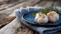 Fresh Garlic Bulbs with Herbs on Rustic Wooden Table