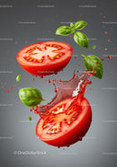 Fresh tomato halves splashing with basil leaves