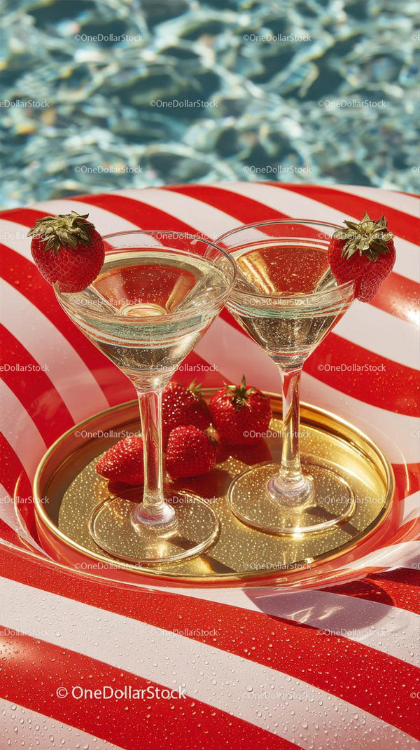 Strawberry Cocktails with Fresh Fruit on Poolside Daybed
