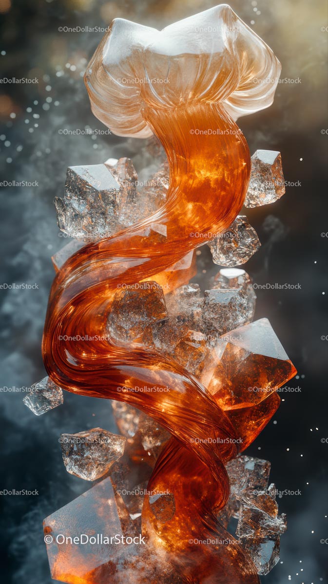 Abstract Ice and Fiery Glass Sculpture with Crystals