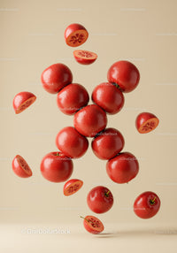 Floating red apples with halves on beige background
