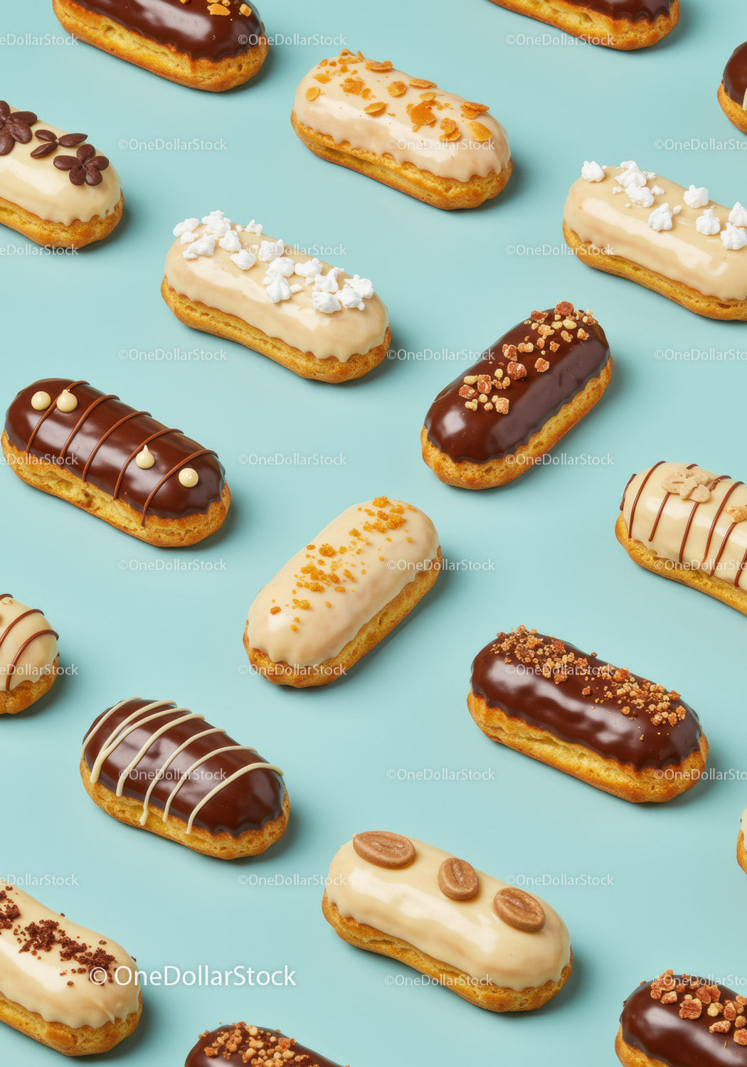 Assorted Mini Eclairs with Various Toppings on Blue Background