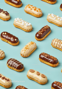 Assorted Mini Eclairs with Various Toppings on Blue Background