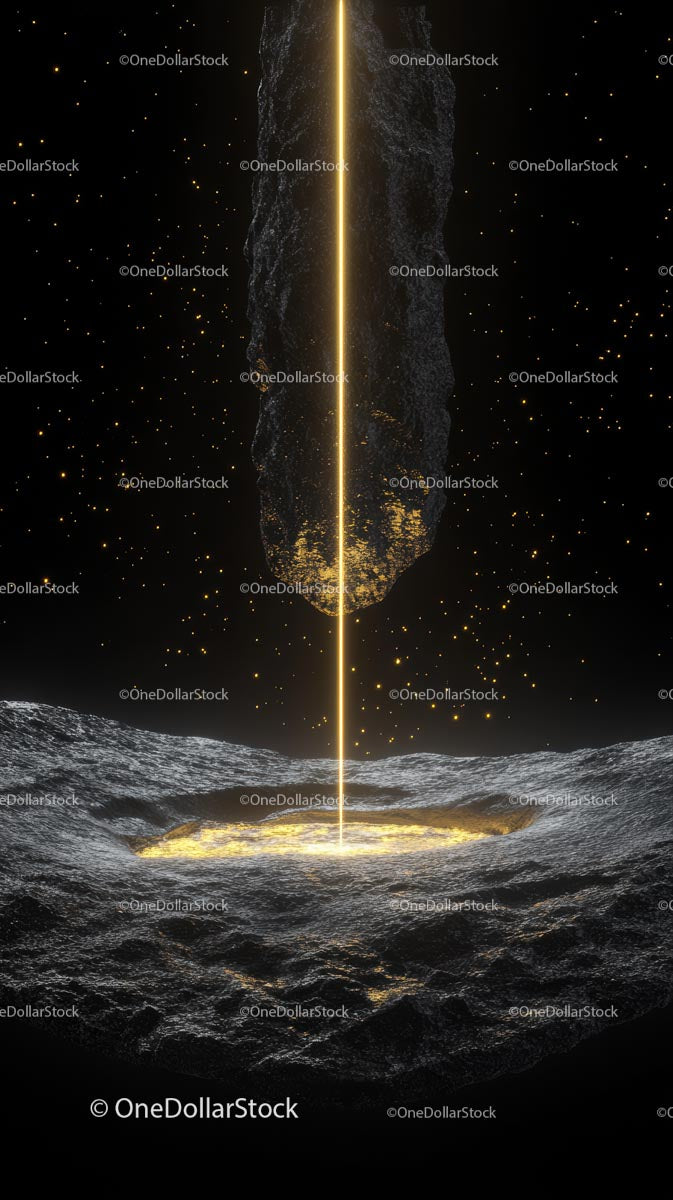 Futurystyczna kosmiczna scena ze świecącą asteroidą i kosmicznym pyłem