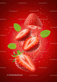 Fresh strawberries splashing with mint leaves on red
