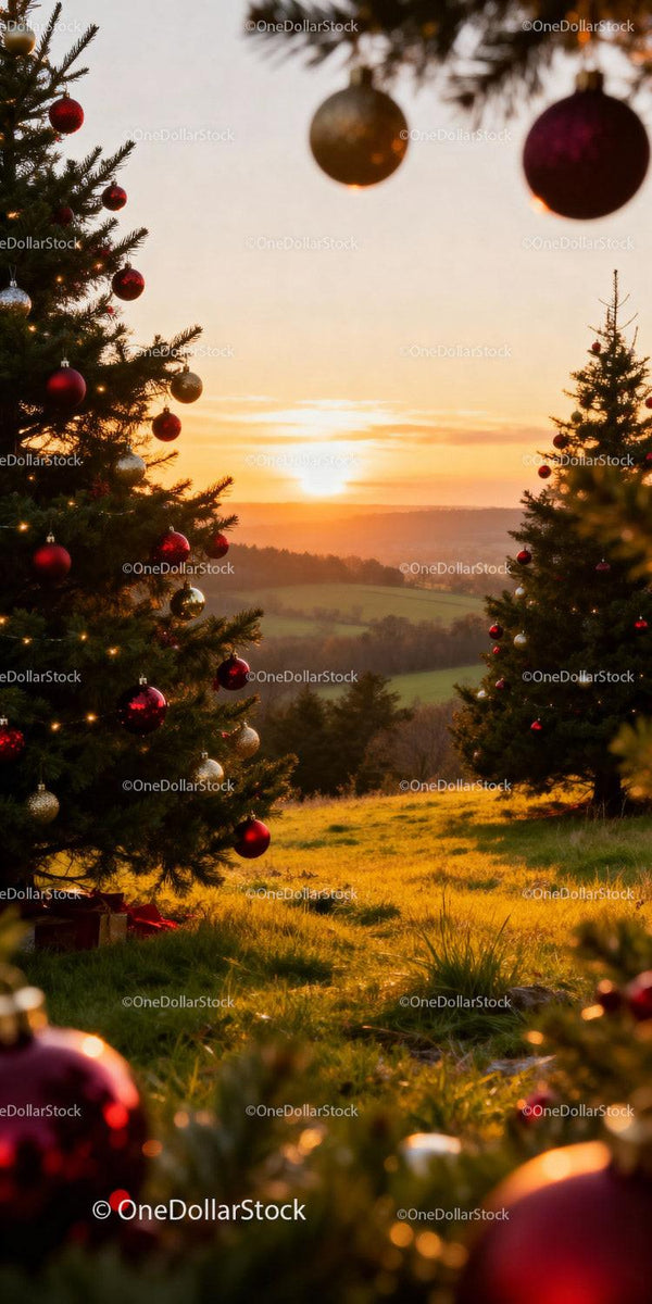 Sunset over decorated Christmas trees in peaceful countryside