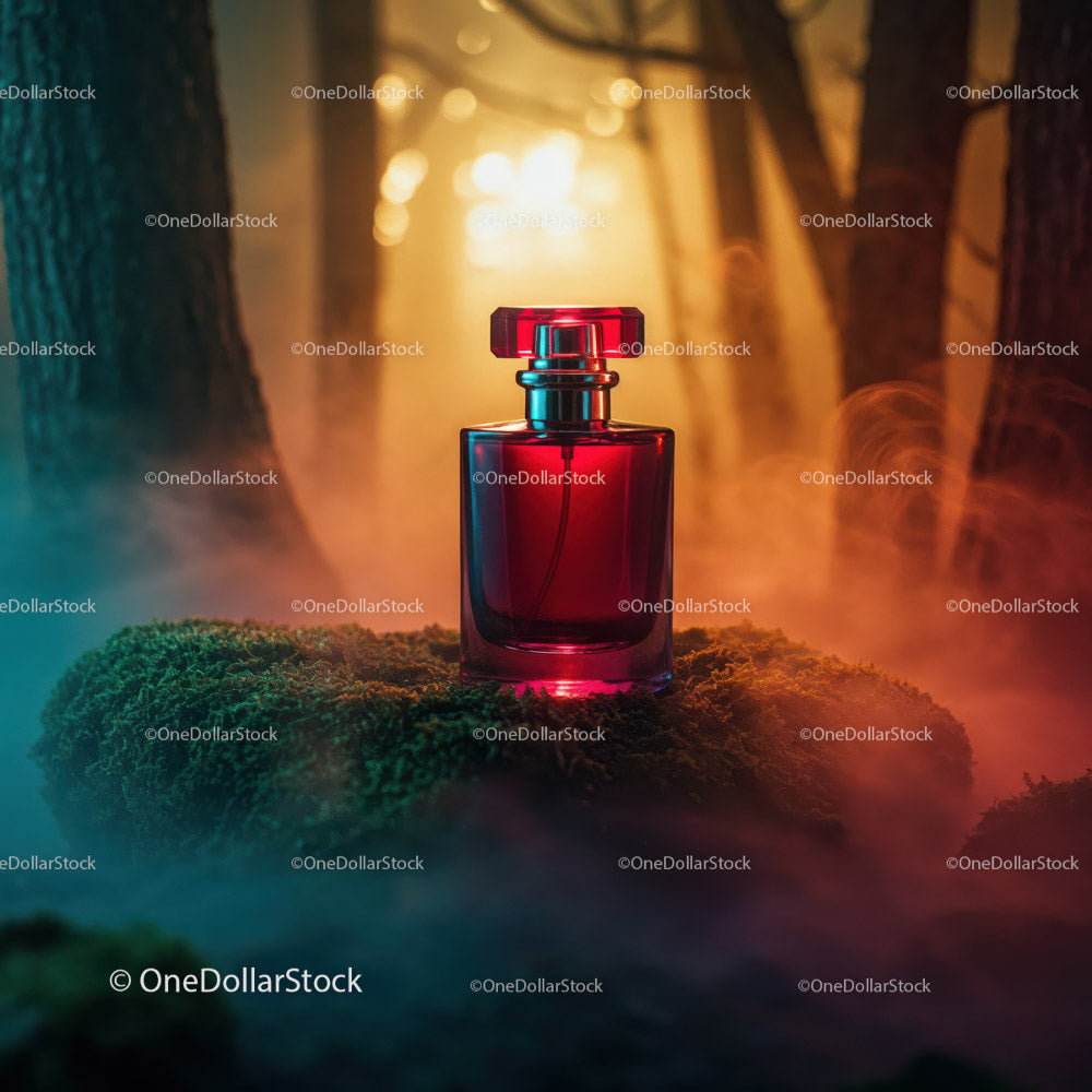 Vibrant Red Perfume Bottle in Mystical Forest Setting with Colored Mist