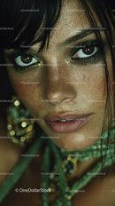 Close-up of a Woman with Glittery Green Eye Makeup and Freckles
