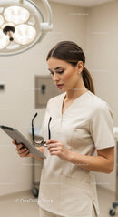 Professional Female Nurse Using Tablet in Modern Hospital Room