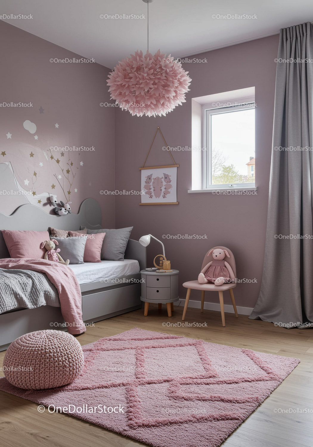 Cozy Pink Children's Bedroom with Plush Toys and Modern Decor