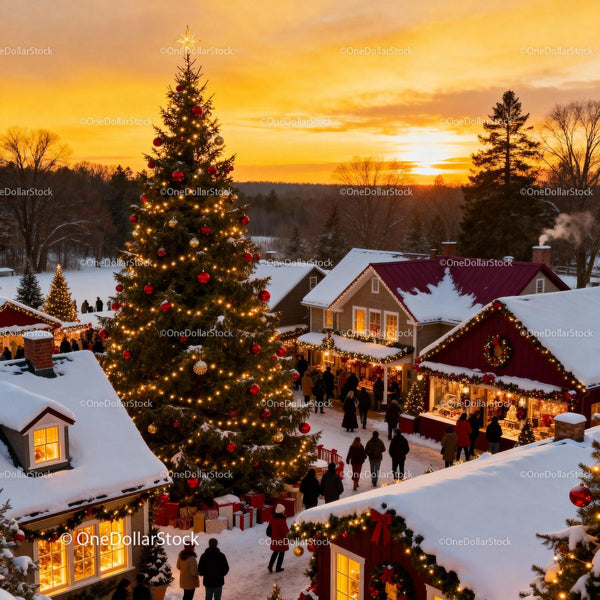 Festive Christmas Market with Giant Tree at Sunset