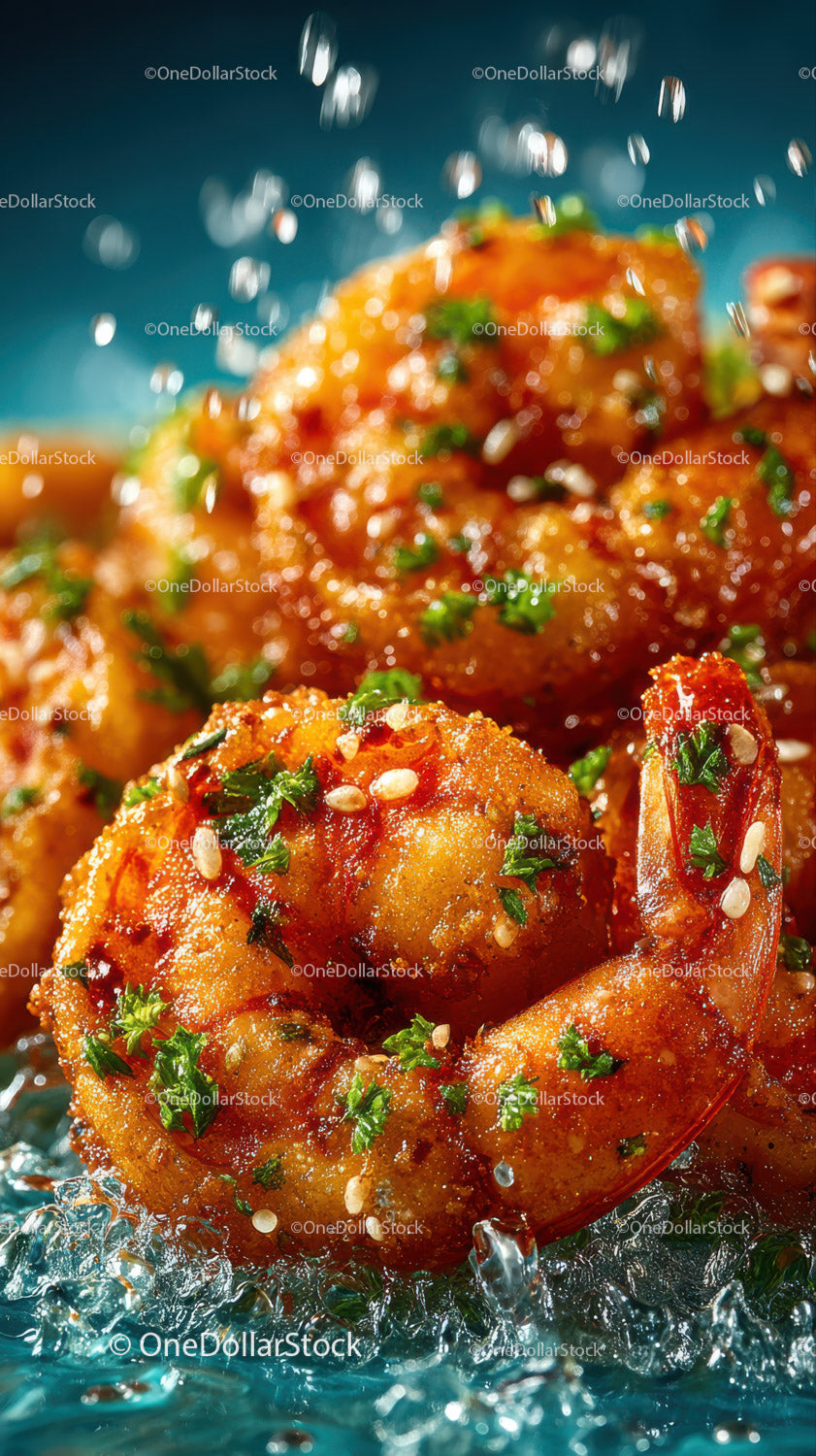 Crispy Fried Shrimp with Herbs in Water Splash