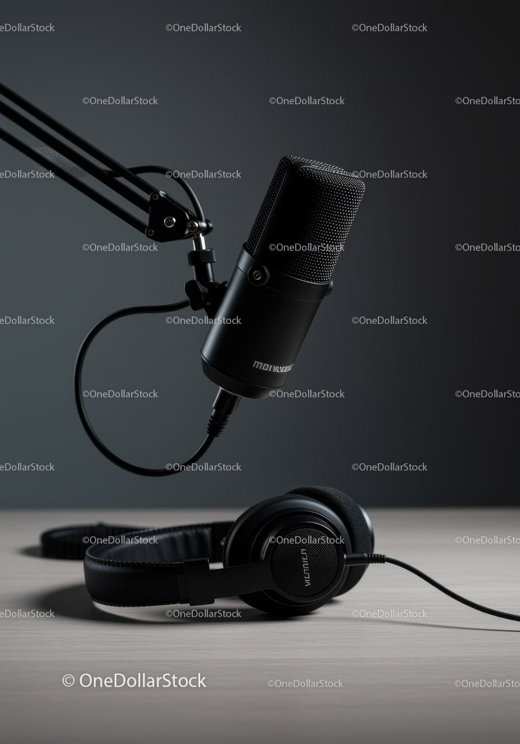 Black Studio Microphone and Headphones for Professional Audio Recording