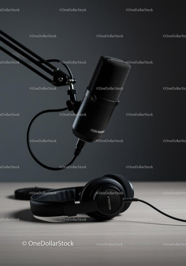 Black Studio Microphone and Headphones for Professional Audio Recording