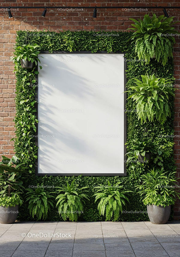 Greenery Framed Blank Poster on Brick Wall Outdoors JPG Mockup Image