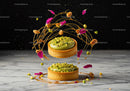 Artistic pistachio tarts with caramel and flower petals