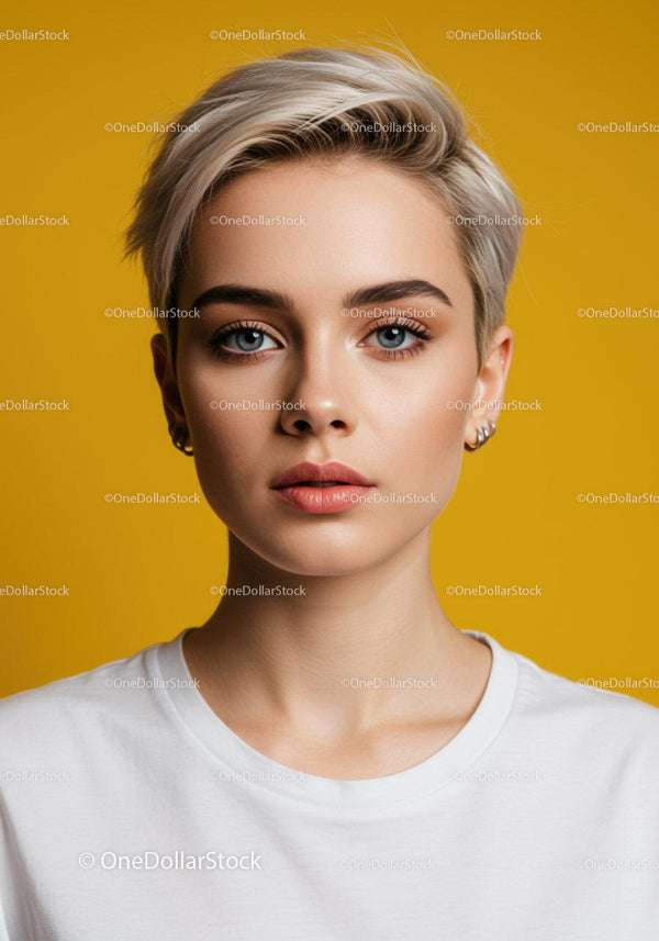 Portrait of a Young Woman with Short Blonde Hair and Blue Eyes