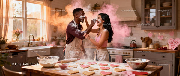 Couple Playfully Baking Heart-Shaped Cookies Together