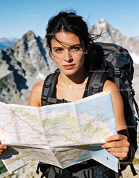 Young woman hiking in mountains reading map