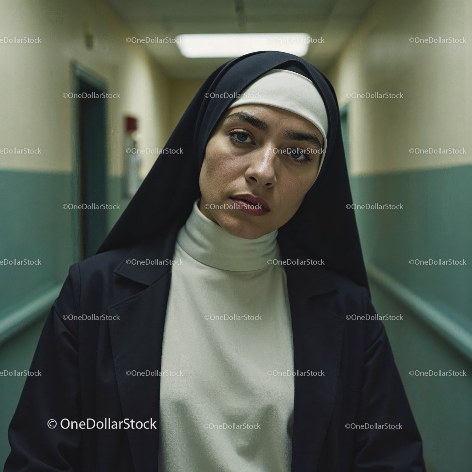 Confident Nurse in Hospital Corridor With Serious Expression