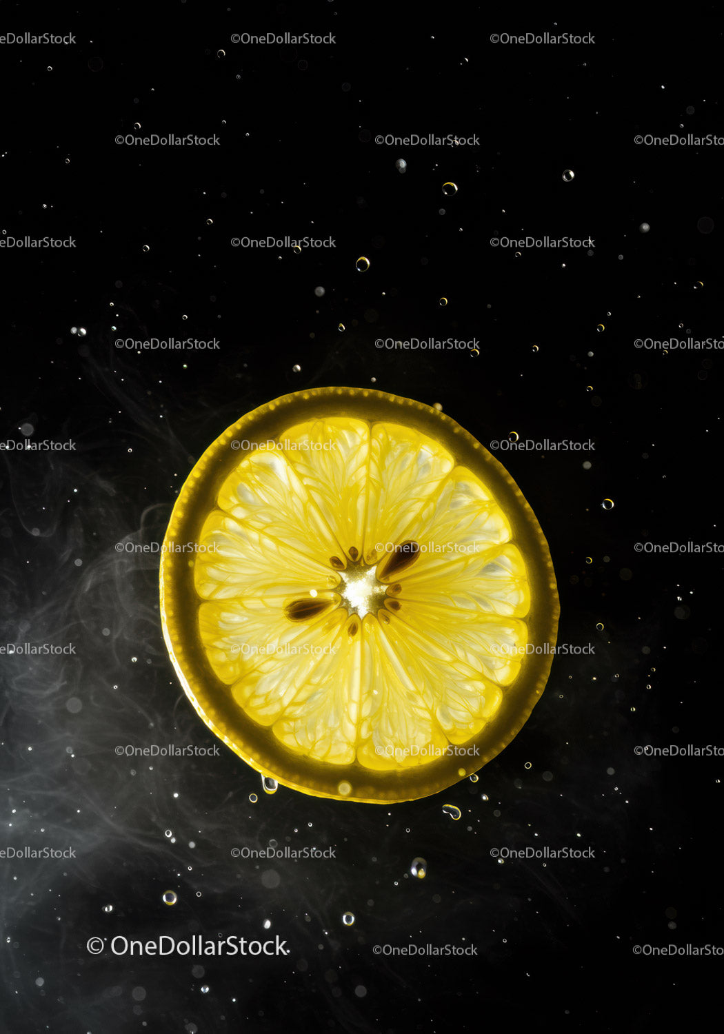 Fresh lemon slice floating in dark water with bubbles